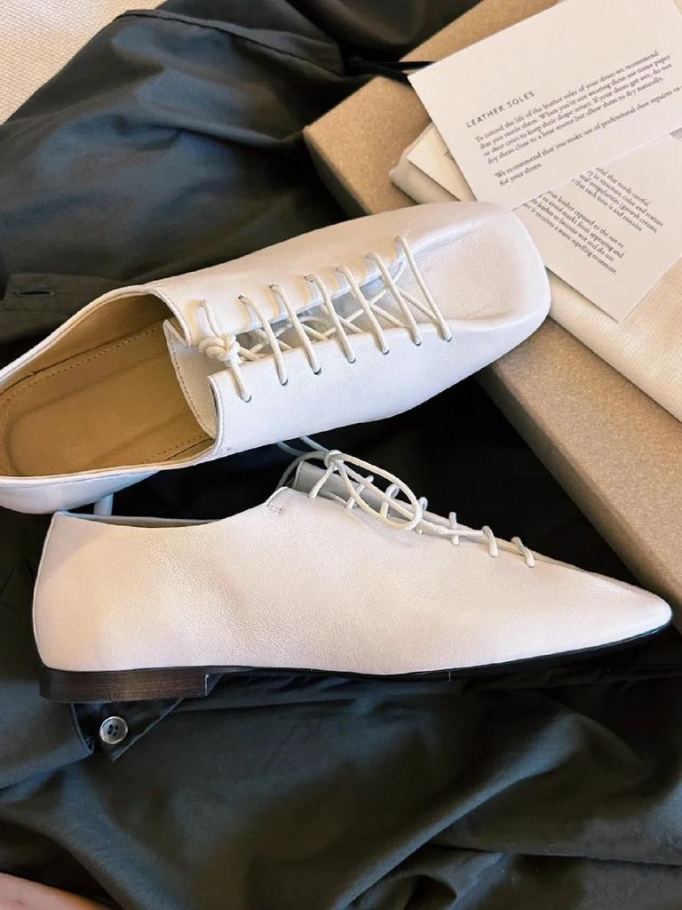 Fashion Spring Summer Vintage Soft Sole Single Women Square Toe Lace-up Solid Color Flat Shoes Light and Comfortable Casual