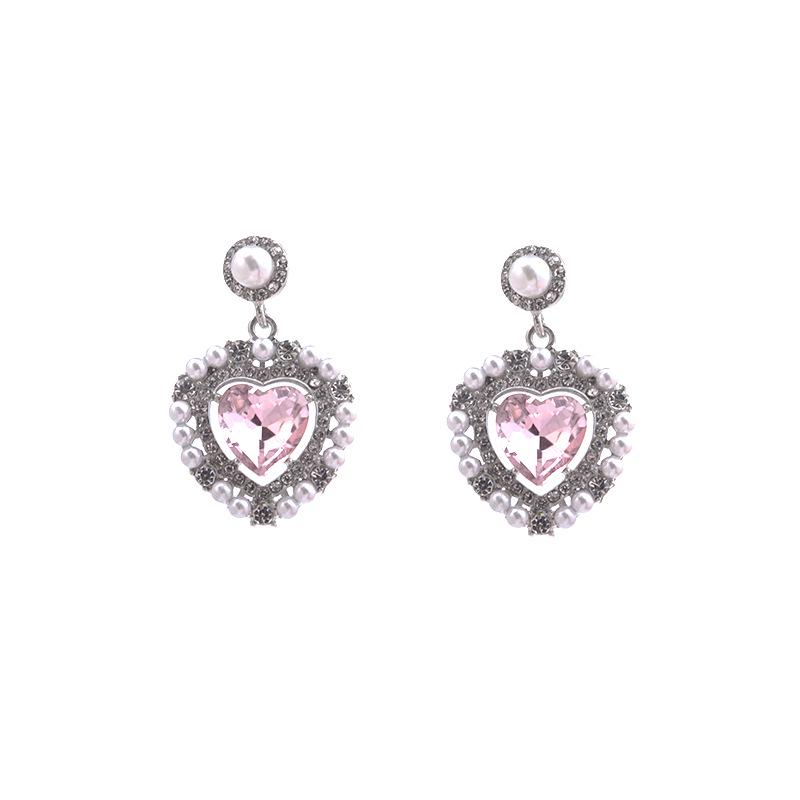 Silver Needle Love Pink Hao Stone and Pearl Earrings - Sweet, Cool, Hot Girl Style, Light Luxury High-End Jewelry.
