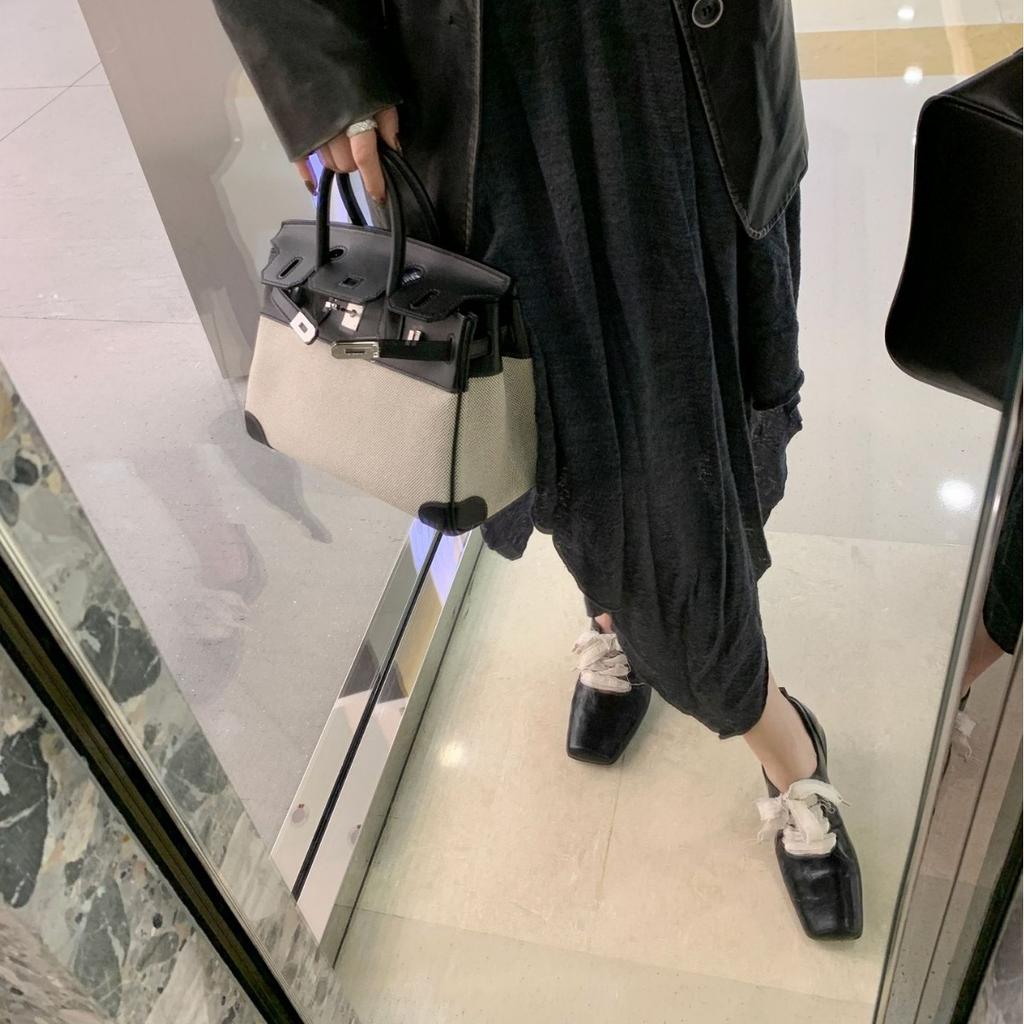 Cowhide Version~ Retro Literary Square Head Small Leather Shoes High Sense Thick Heel Front Lace-up Outside Wear Temperament Leather Single Shoes Wome