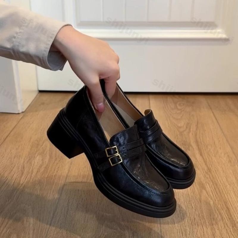 Women Platform Loafers Spring Autumn Slip on Vintage Chunky Leather Shoes Fashion Buckle Strap Height Increase Middle Heel Shoes