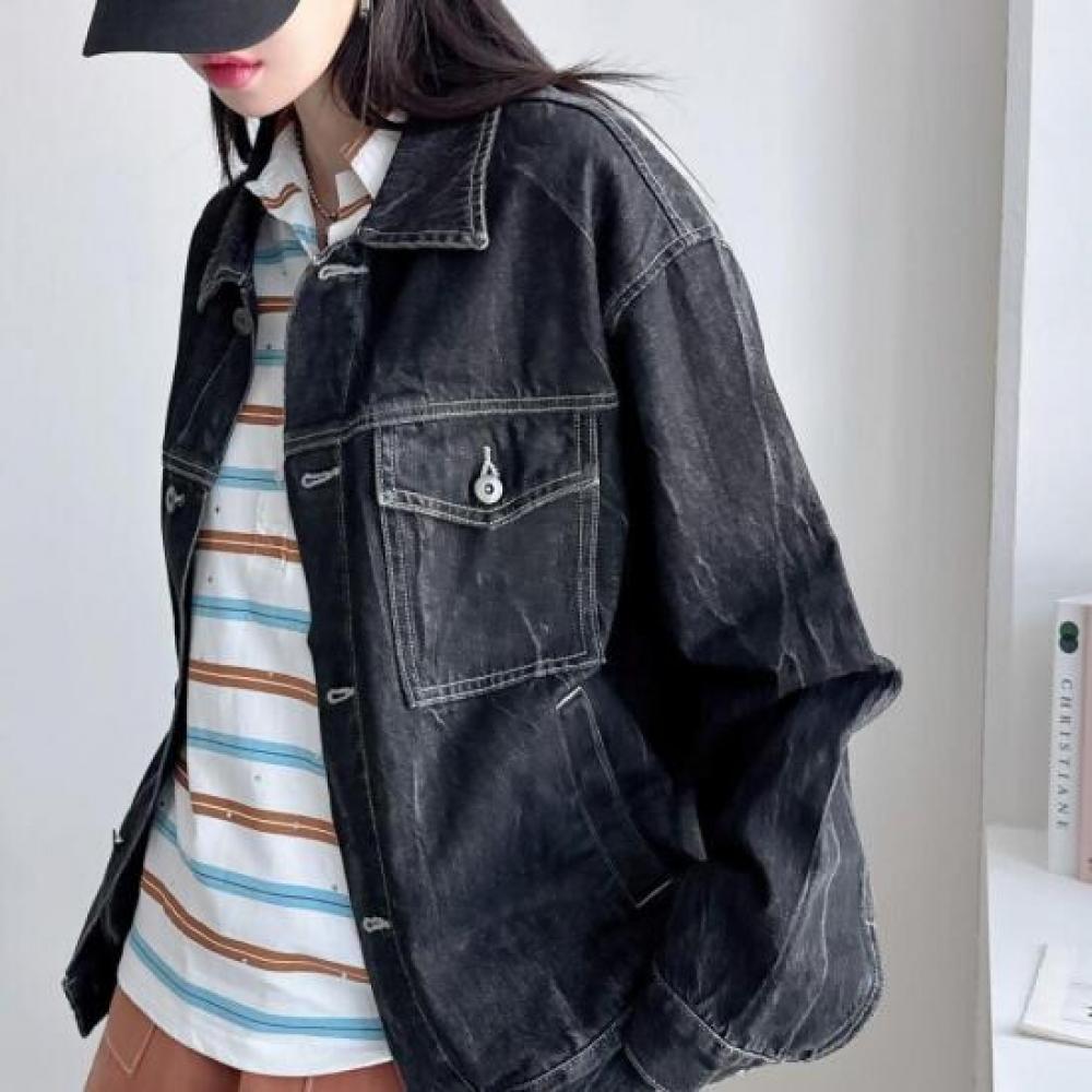 New Arrivals Open Run Women Oversized Black Wash Denim Jacket Nk Orbb 01