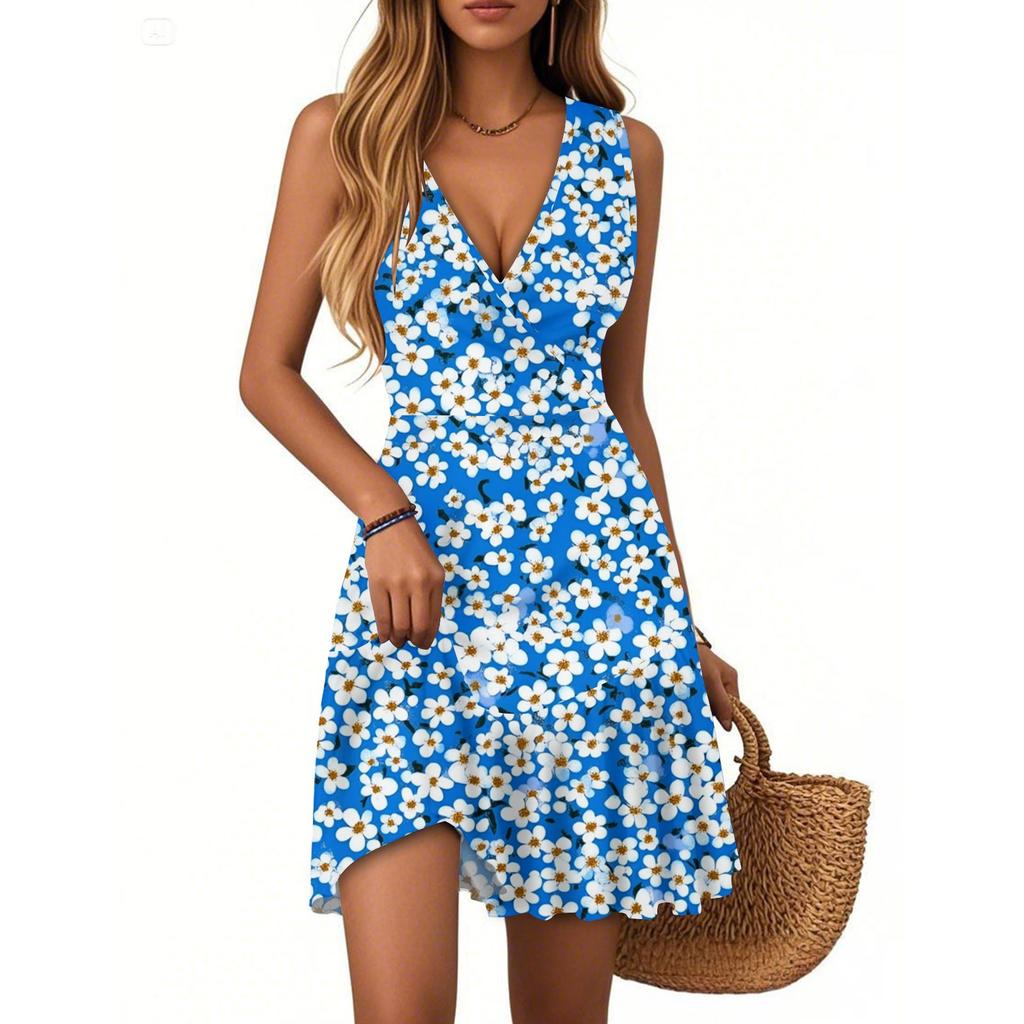 Women's Dress V-neck Sleeveless Casual Floral Print Hem Pleated Dress