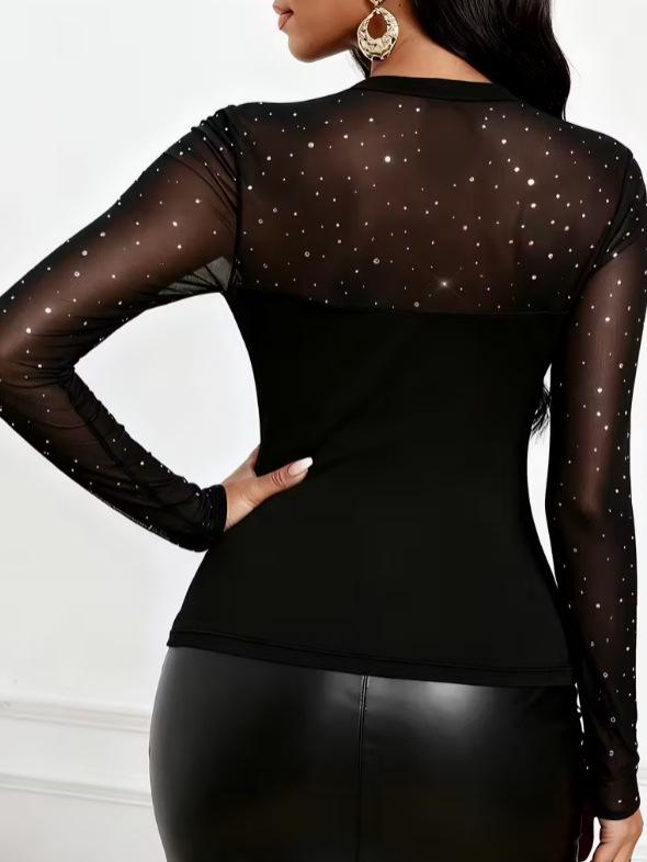 2025 Women's Sexy Slim Fit Shiny Mesh Long Sleeve Top