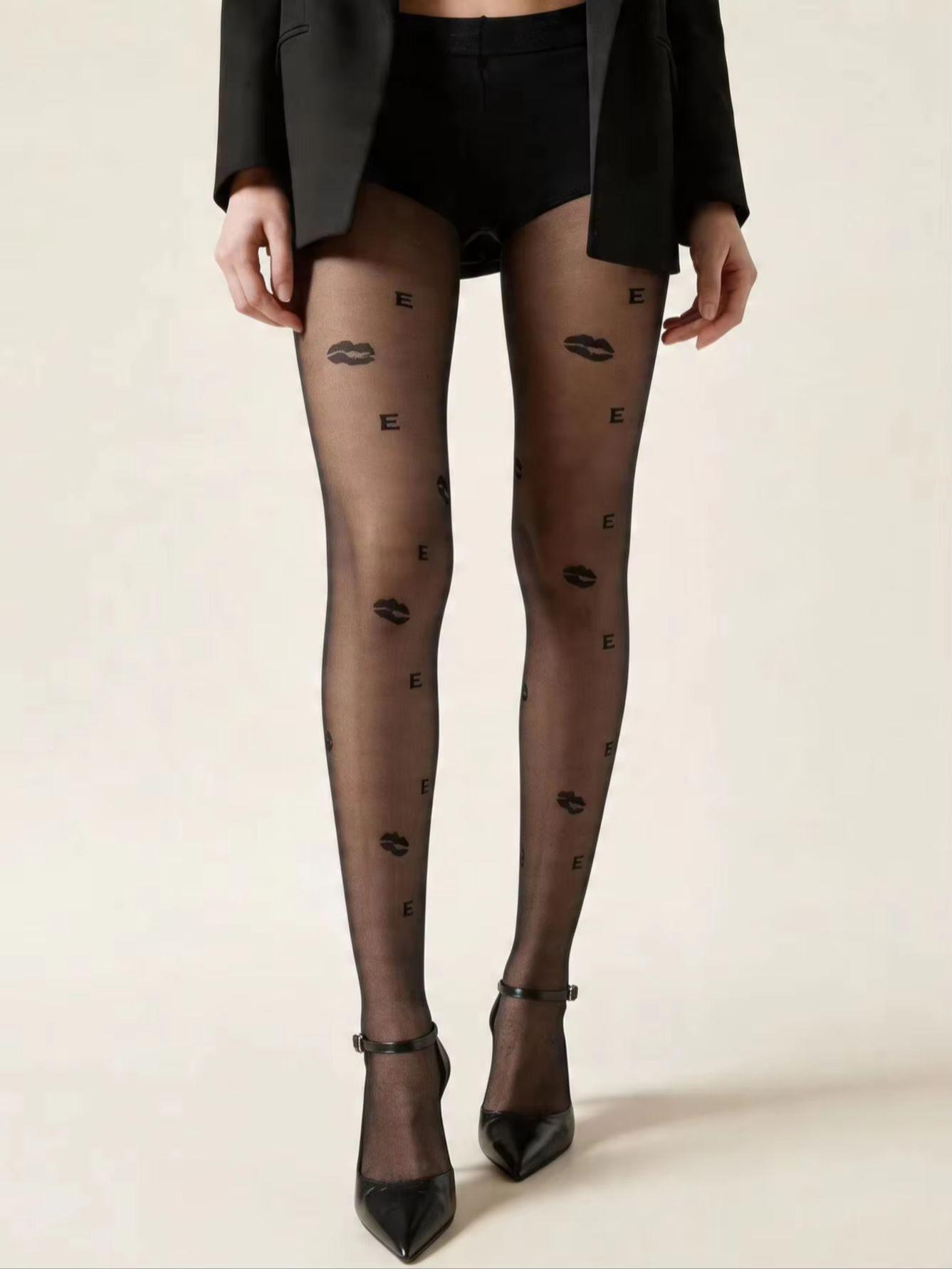 Collants Noirs Transparents pour Femmes avec Imprimé Lèvres & Lettre E, Bas Transparents Sexy pour Tenues de Bureau & Soirées XS brown