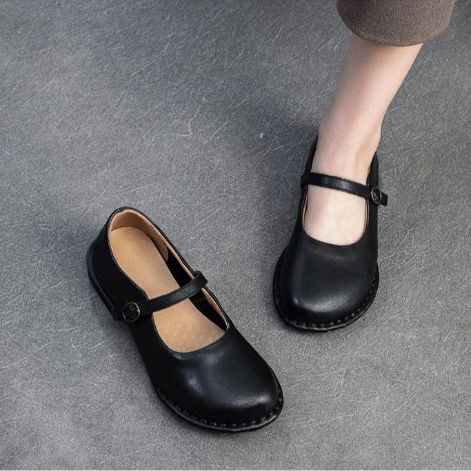 Johnature Genuine Leather Women's Shoes Belt Buckle Simple Solid Color Versatile Round Toe Low Heel Pumps