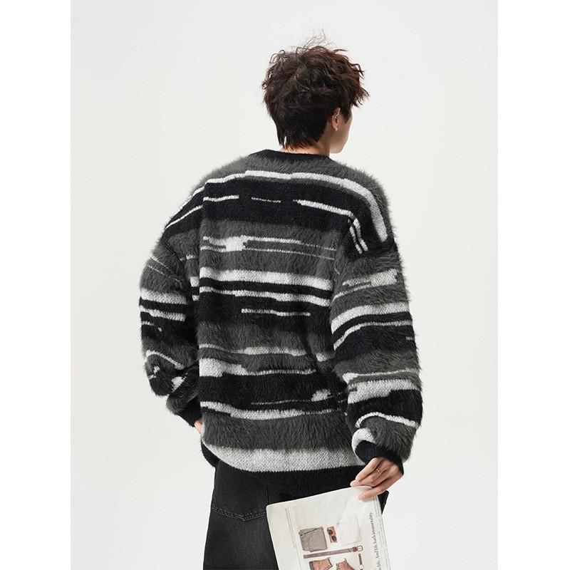 Men Women Striped Knit Sweater Loose Fit Casual Crewneck Pullover Winter