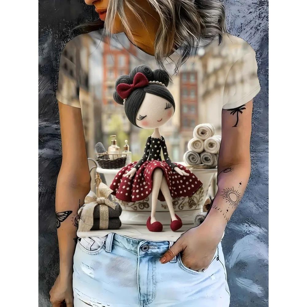 Fashionable Casual Comfortable Breathable Short Sleeved Round Neck T-shirt Summer Large Loose Creative Portrait 3D Printed Women's T-shirt