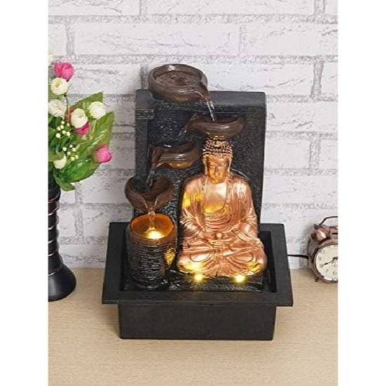 Polyresin Golden Brown Meditating Buddha Tabletop Indoor 4 Diya Steps Water Fountain for Home Decor with LED Light & Speed Controller Pump