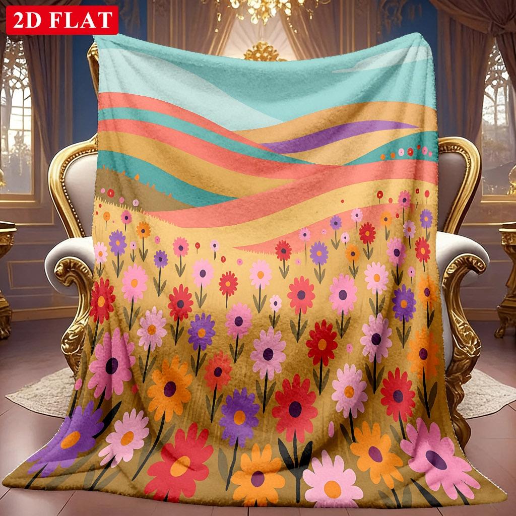 A 2D Flannel Blanket Featuring a Colorful Sea of Flowers and Rolling Hills Pattern, with Soft High-definition Digital Printing. This Cooling Blanket I