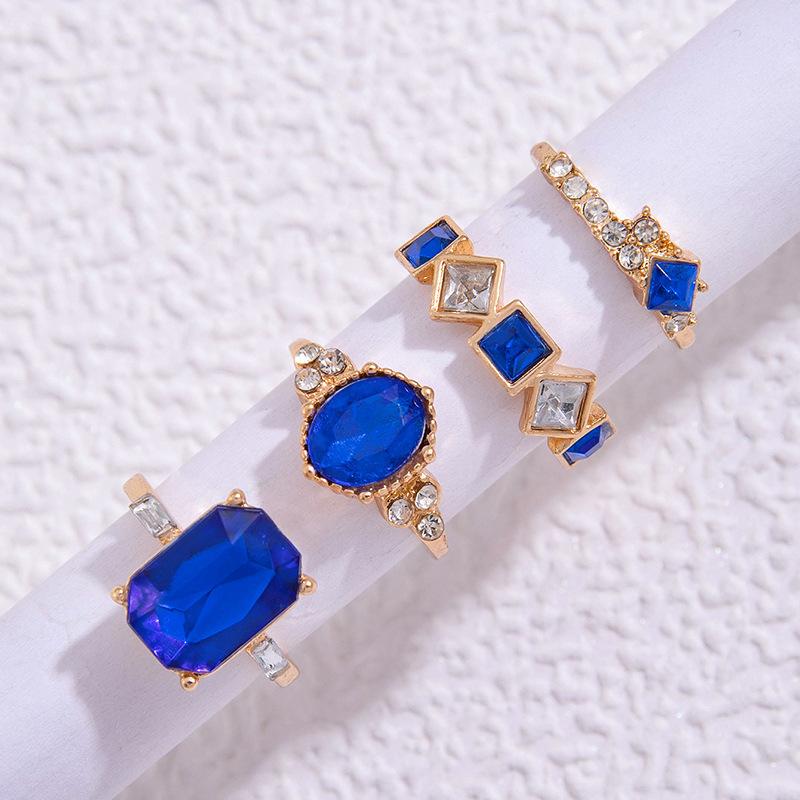 Men and Women Color Diamond Set 4-piece Ring Geometric Imitation Gemstone Set Ring Set