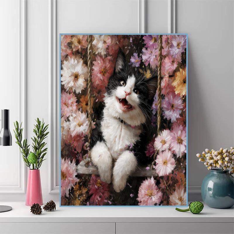 Tuxedo cat and flowers Pattern 3pcs 100% Round Full Drill 5D DIY Diamond Painting Embroidery Cross Stitch Rhinestone Décor