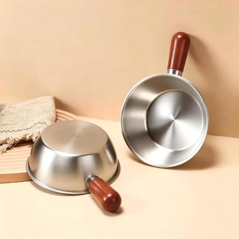 1Pcs Non-Slip Base Even Heat Distribution Milk Pot Stainless Steel Pot With Heat-Resistant Wooden Handle Induction Compatible