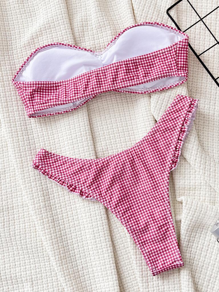 Women's Swimsuit Red Plaid Tube Top Sexy High Waist Bikini Suit Beachwear Bathing Suits