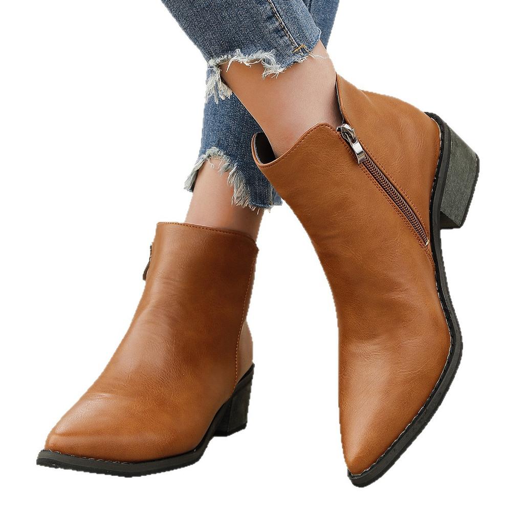 Autumn and Winter New Women's Boots Leather Side Zipper European and American Style Large Size Women's Solid Color Fashion Boots