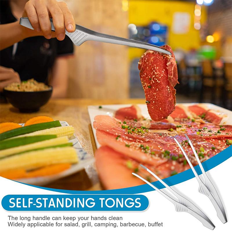 LMETJMA Stainless Steel Grill Tongs Patelai Korean and Japanese BBQ Tongs Non Slip Food Tongs Kitchen Self-Standing Tongs JT502