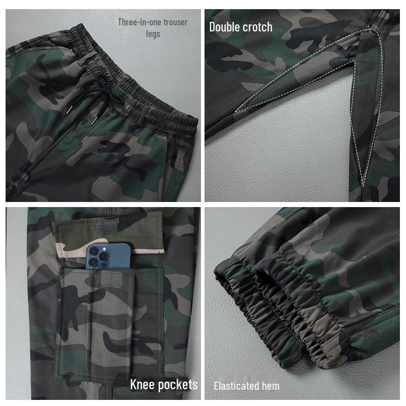 Męskie Grube Odporne na Ścieranie Spodnie Robocze w Kamuflażu - Casualowe i Luźne, z Dodatkiem Weluru na Zimę