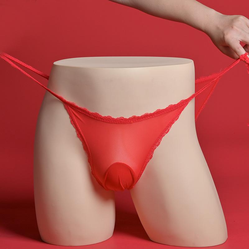 Large Men'S Mesh Sissy Pouch Panties Sexy Femboy Transparent Lingerie Low Rise Lace Up Wasit Bikini Briefs Crossdress Underwear