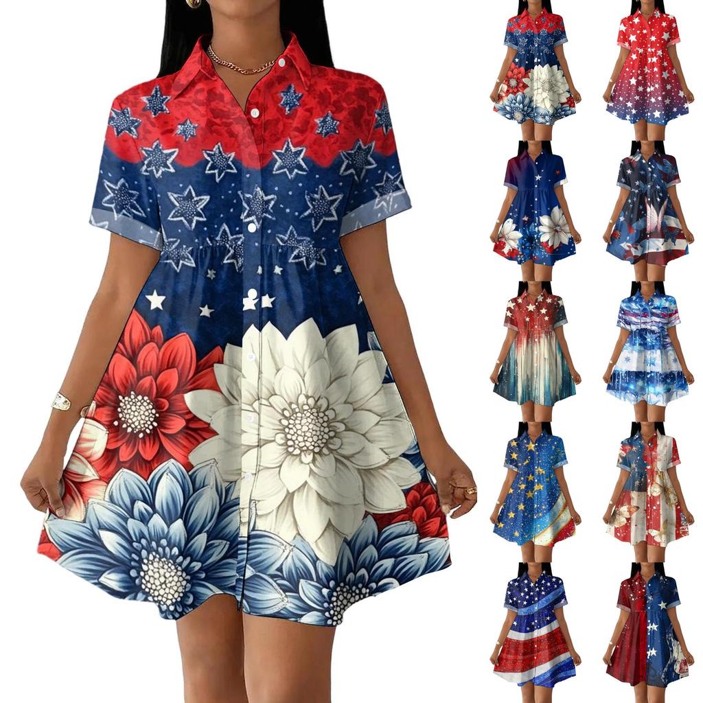 Women's Casual Loose Fit Shirt Dress Button Front Short Sleeve Collar Dress Independence Day Print Summer Dress