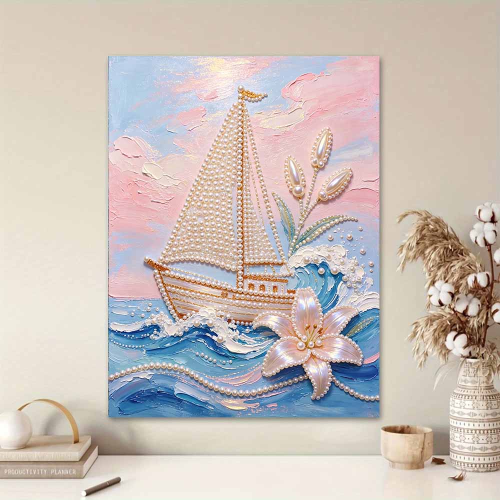 DIY Frameless Pearl Painting Kit Sailboat Ocean 3D Shiny Bead Art Canvas Relaxing Creative Craft for Home Wall Decor Gift