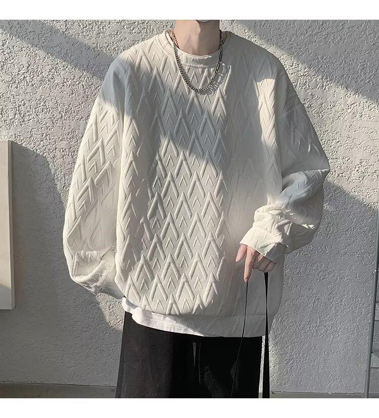 Crew Neck Jacquard Sweater Men's Long-sleeved T-shirt Spring and Autumn American Loose Casual Men's Clothing Without Hat and Bottoming Shirt