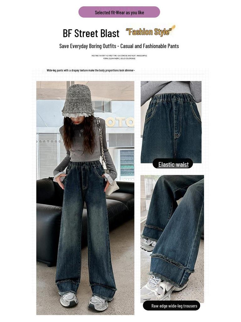 2025 Dżinsy z szerokimi nogawkami dla dziewcząt – Styl wiosenno-jesienny, Luźne spodnie z prostymi nogawkami dla dzieci