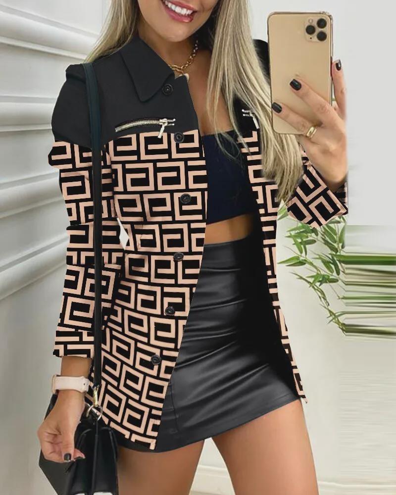 Autumn and Winter Women's New Fashion High Street Long Sleeve Zipper Color Block Print Polo Collar Versatile Coat
