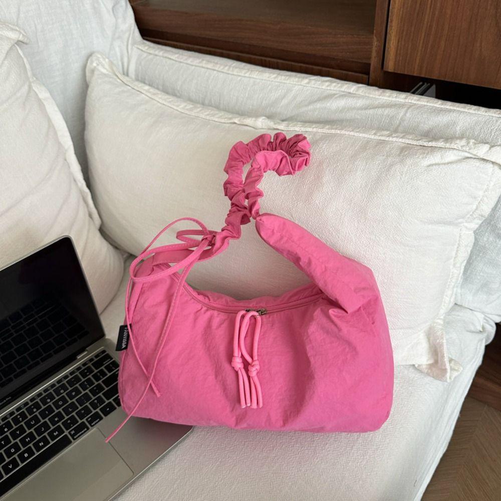 Trendy Lightweight Pleated Dumpling Bag Versatile Large Capacity Drawstring Bag Solid Color Casual Women's Shoulder Bag Ladies