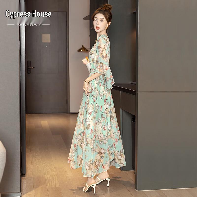 Sisibei Women s V-Neck Printed Maxi Dress S