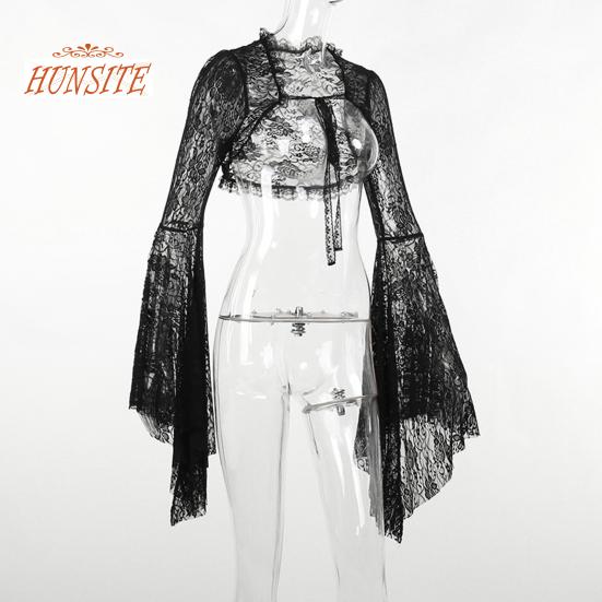 Vintage Gothic Black Lace T-shirt Elegant Flared Sleeve Smock Top See Through Sexy Cropped Tops Cardigan Streetwear