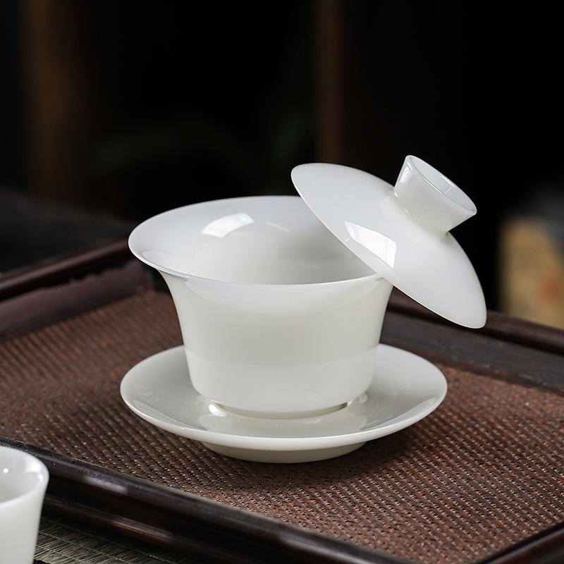 Pure Jade White Porcelain Tea Bowl Ceramic Sheep Fat Jade Three Talents Lid Bowl Gaiwan