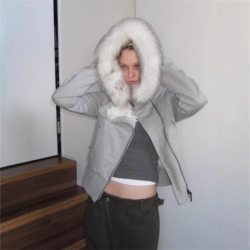 Women Winter Hooded Fleece Lined Slim Zip Up Short Coat Y2K Plush Collar Outerwear