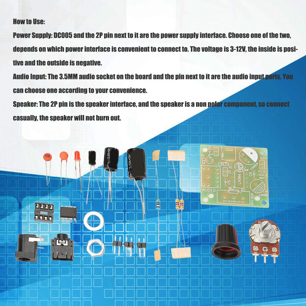 Super Smart LM386 Amplifier Kit, FR4‑A PCB, 3‑12V, AMP Amplifier 37mmx41mm Board Size, 0.5W-10W Speaker