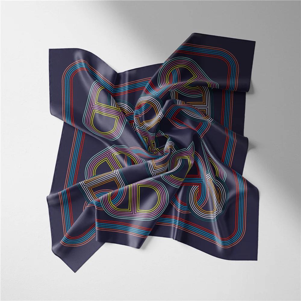 Twill Silk Scarf Woman Chain Print Square Scarves Wraps Bandana Small Hijab Foulards Lady Tie Headband Neckerchief 53CM