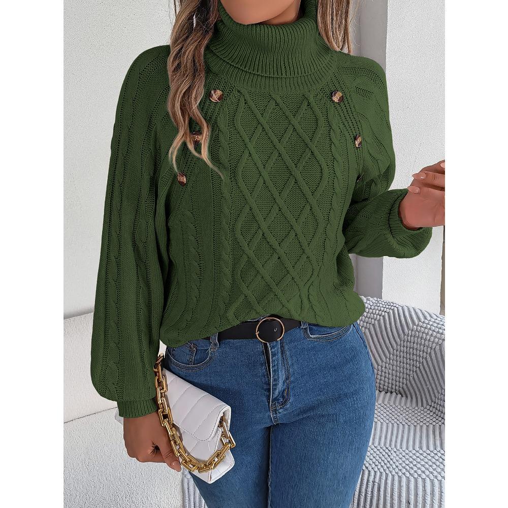 Autumn/Winter Casual Solid-Colour Buttoned Cable-Knit Turtleneck Bell-Sleeve Pullover for Women