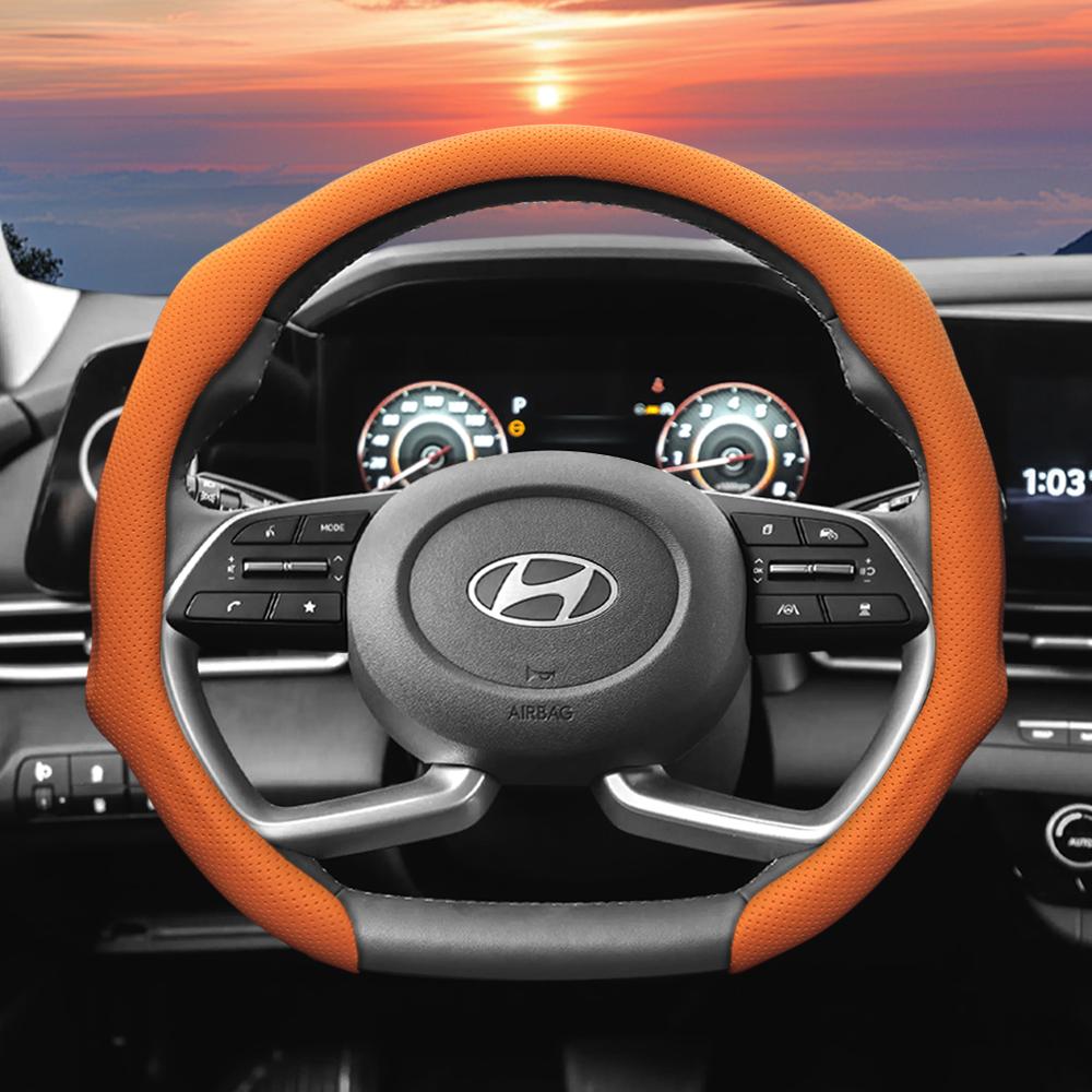 Suitable for Hyundai Perforated Leather Steering Wheel Cover, Non-Slip, Sweat-Absorbent, Breathable, Integrated Protective Case Elantra N Sonata Ioniq