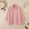 ZANZEA Women Casual Doll Collar 3/4 Sleeve Loose Stripe Blouse
