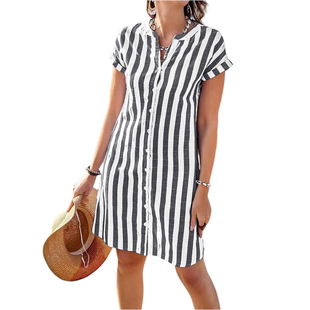 Women's Casual Cotton And Linen Striped Printed Short Sleeved Shirt Dress