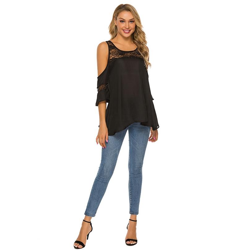 Women's Fashion Casual Round Neck Off-shoulder Lace Stitching Flared Short-sleeved Top