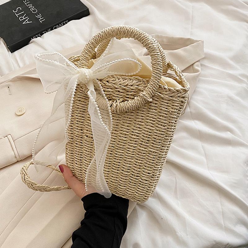 

Yogodlns, летняя женская сумка через плечо с белой лентой из ротанга, сумка через плечо ручной работы с тканой соломенной ручкой 16x8x20cm бежевый