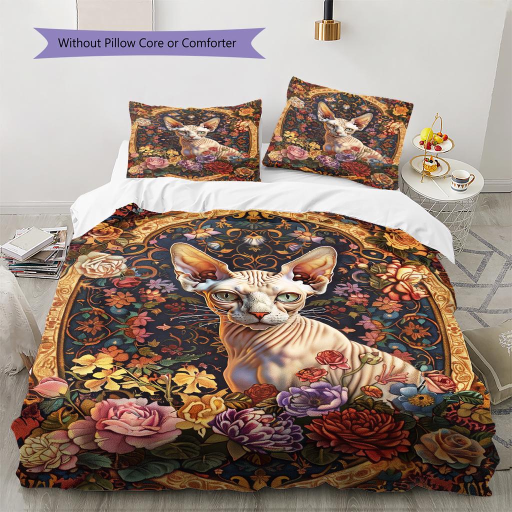 Boho Floral Cat Pattern Bedding Quilt Set Quilt Cover Pillowcase Home Decoration Birthday Gift (1 * duvet cover + 2 * pillowcase, without core)