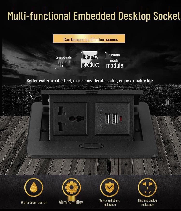 Universal Three-Hole Pop-up Power Socket with USB Charger for Conference Tables - EU German Standard