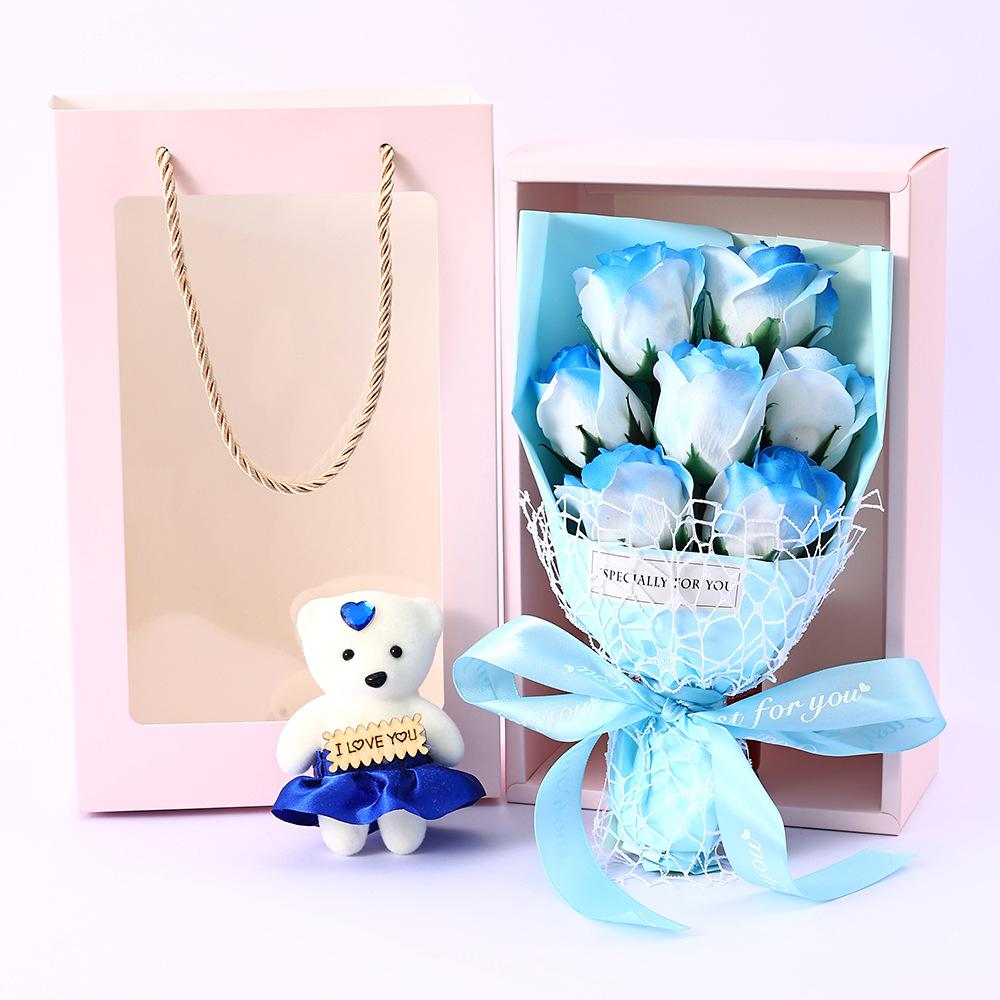 Valentine’s Day Mother’s Day Artificial Soap Rose Bouquet with Teddy Bear Gift Box Romantic Gift for Her Creative Home Decor
