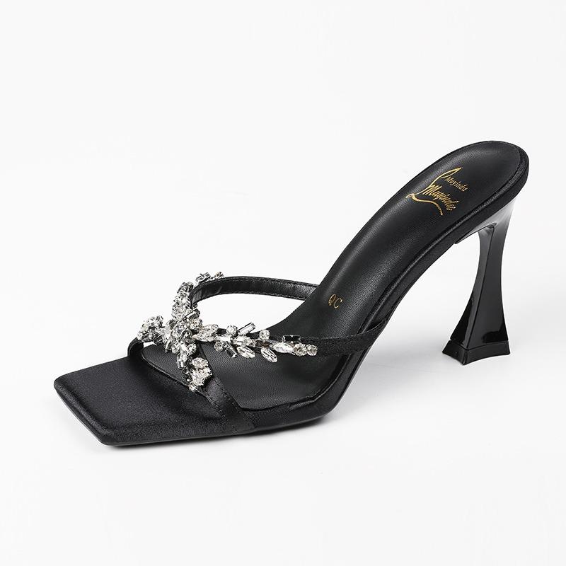 24L5 New High Heels Black Temperament Square Head Fairy Rhinestone Premium Sandals Woman