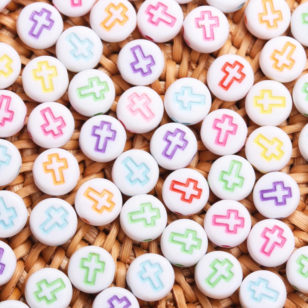 80Pcs 7mm Cross Pattern Acrylic Loose Beads for Jewelry Making DIY Bracelet Necklace Handmade Keychain Earrings Phone Chain Materials Accessories