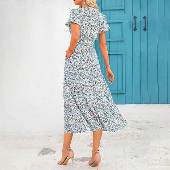 Vestido de mujer V Big Swing Flor Manga de burbuja Cuello pequeño Estampado corto Línea A Cintura alta