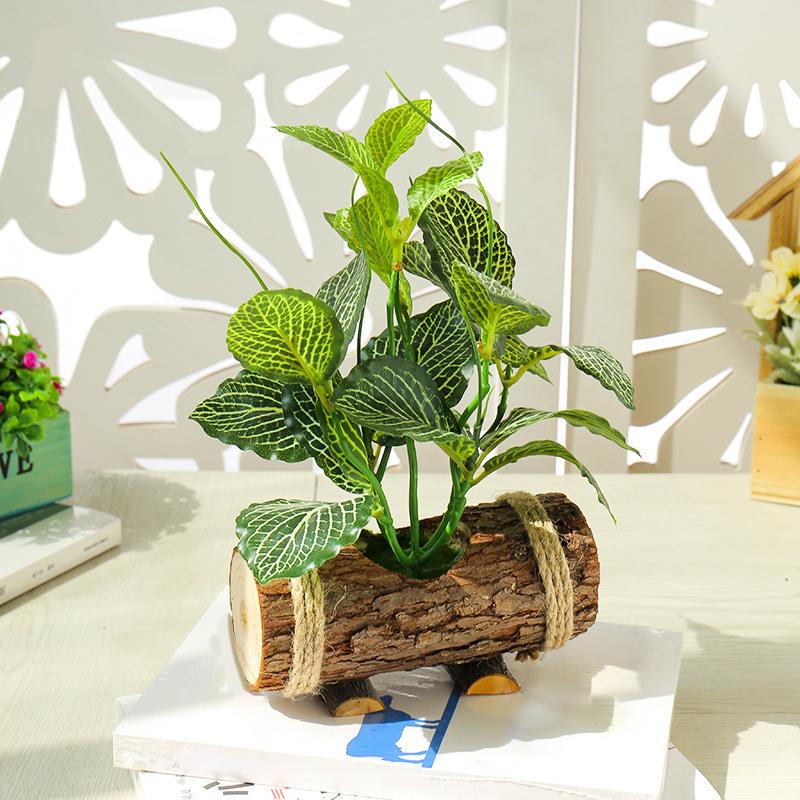 Artificial Plants Wooden Flower Pots Bonsai Green Plants Potted Fake Flowers Creative Garden Ornament Office Home Decoration