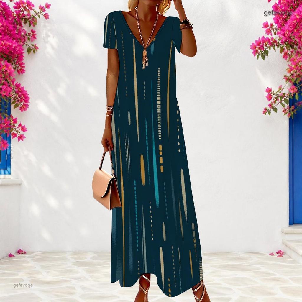 Women Plus Size V Neck Short Sleeve Colorful Printed Long Dress