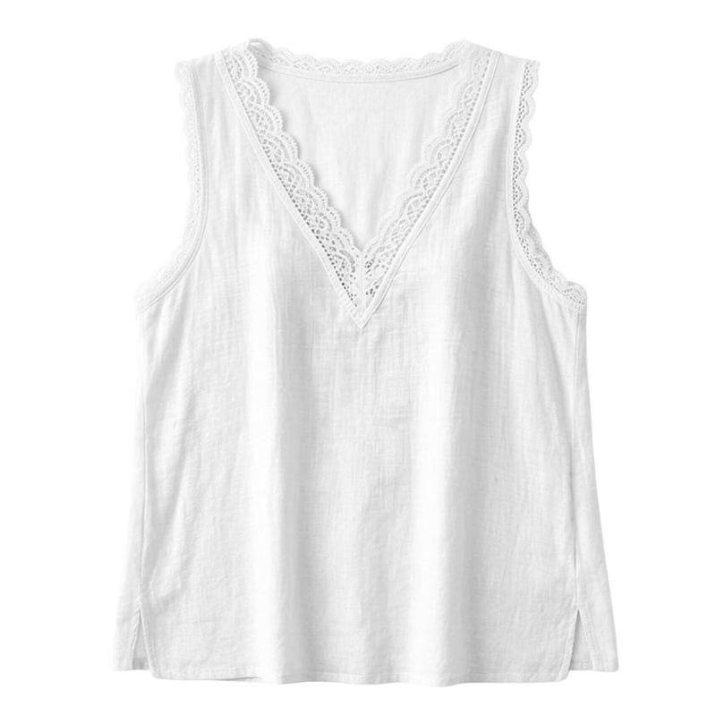 Womens Casual Summer Sleeveless V Neck Lace Trim Shirt