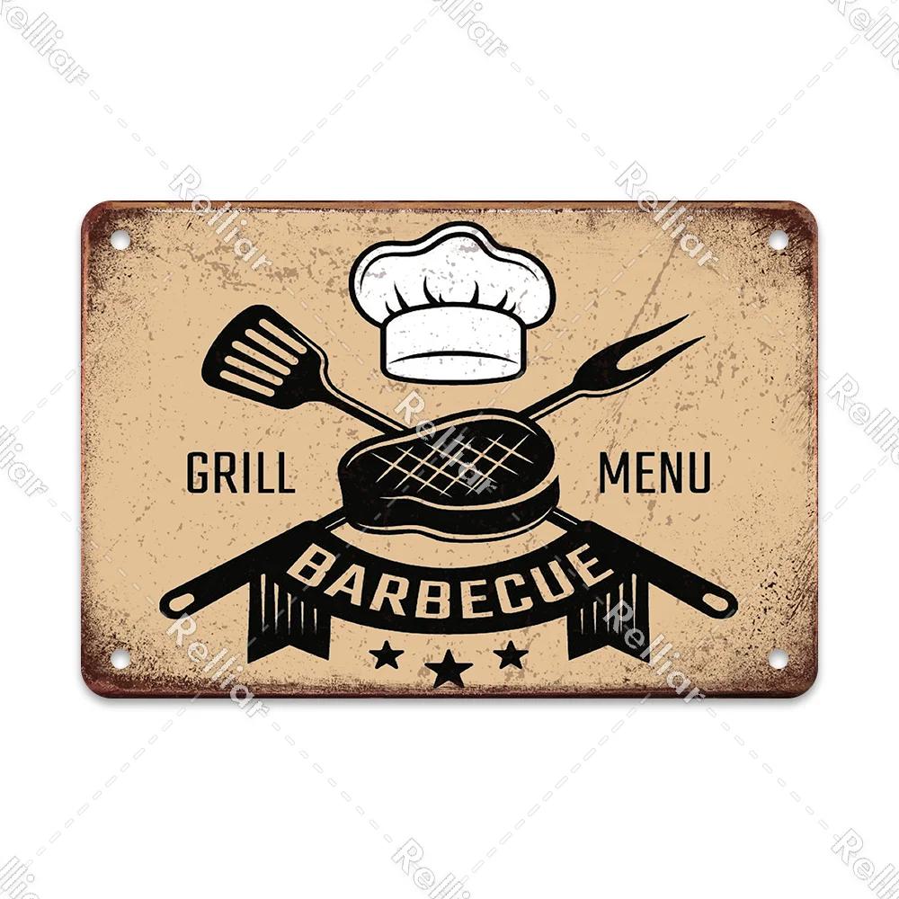 BBQ Party Metal Tin Plaque Retro Yard Garden Wall Decoration Signs Marked Barbecue Rules Slogan Plate Vintage Grill Poster