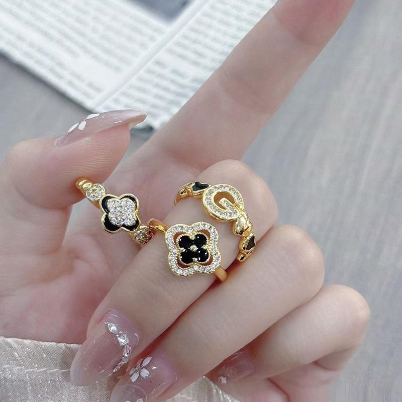 Dark Oil Dripping Full Diamond Inlaid Zirconium Four-Leaf Clover Open Ring Simple Light Luxury High Fashion Women